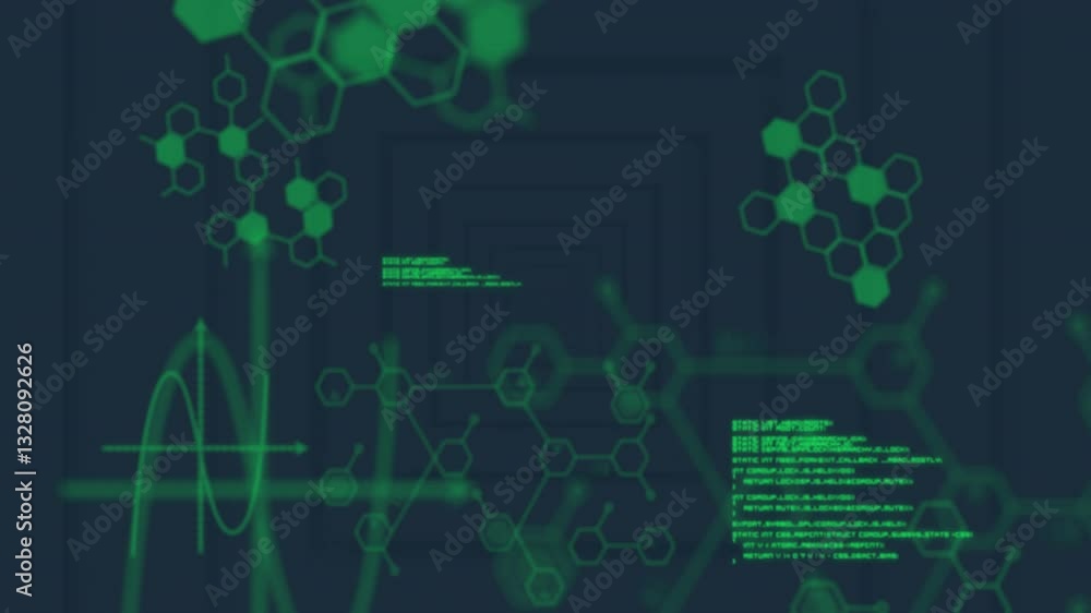 Poster green hexagonal patterns and code animation over dark geometric background