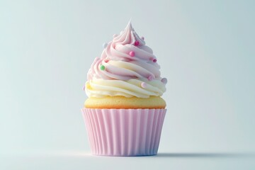 Cupcake with colorful cream isolated on a white background. With a clipping path, centered, with dots, in pastel colors, high-resolution realistic photography, high definition.