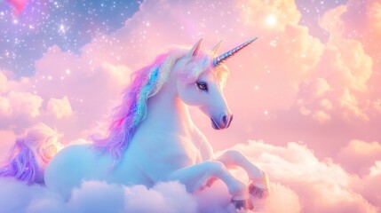 Fototapeta premium Pastel Unicorn Resting on Clouds Under a Starry Sky