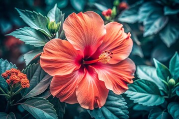 Living coral.  Color Trendy background. Hibiscus large flower , close up, toned. 