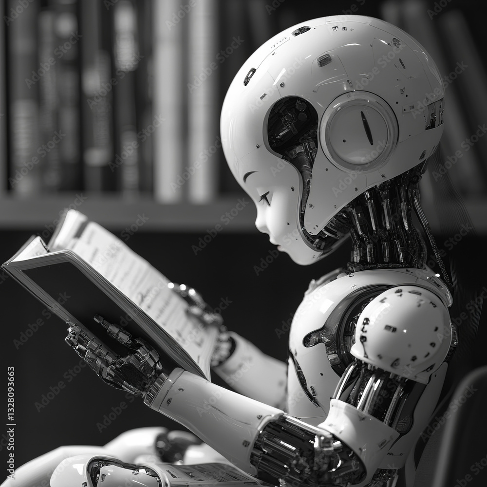Poster robot reading book in library setting black and white