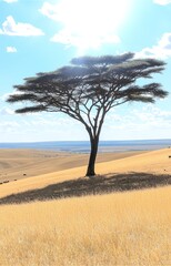 Fototapeta premium resplendent African savanna ecosystem thrives on majestic acacia trees, which graciously offer sanctuary to grazing animals,