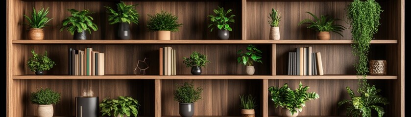 A beautiful contemporary shelf overflowing with a variety of green plants providing a lush and inviting interior atmosphere