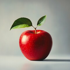 A vibrant red apple with a green leaf, sitting on a smooth surface, showcasing its glossy texture and fresh appeal.