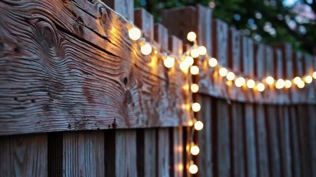 Warm glowing string lights illuminate rustic wooden fence at twilight