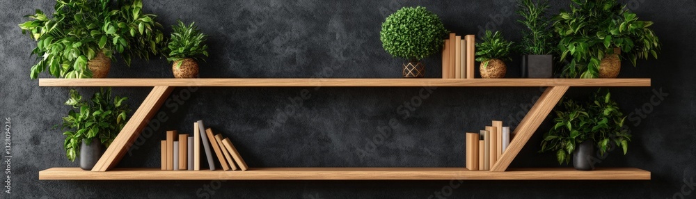 Poster a contemporary-style shelf displaying both books and green plants creating a harmonious and inviting