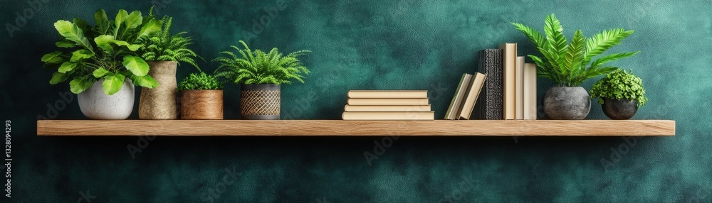 Poster stylish shelf featuring an array of books and green plants for a balanced and inviting home environm