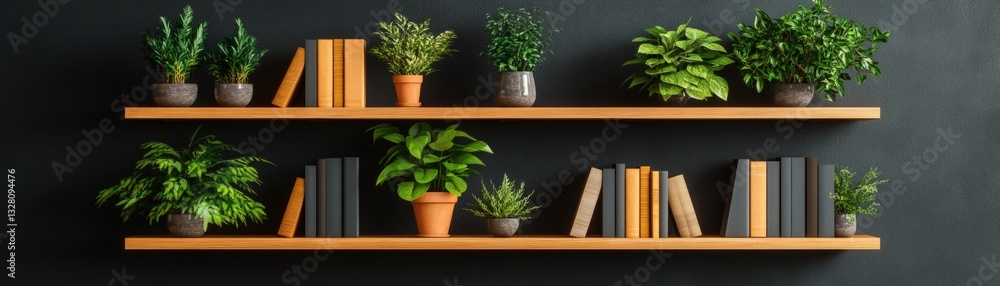Poster contemporary shelf showcasing a diverse array of various plants for an inviting and natural home atm