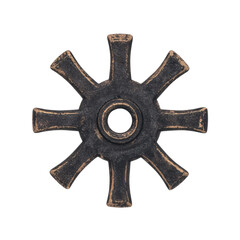 Obraz premium An antique circular object with eight protruding spokes, featuring a central hole, presenting a textured, aged appearance.