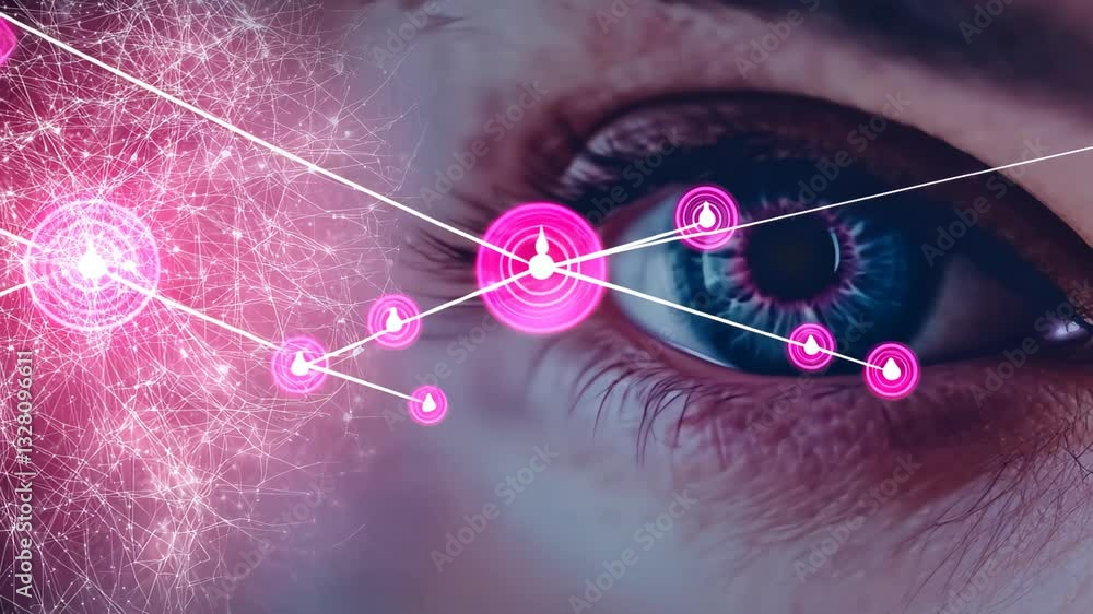 Poster close-up view of a human eye with a glowing electric iris, surrounded by abstract pink neural networ