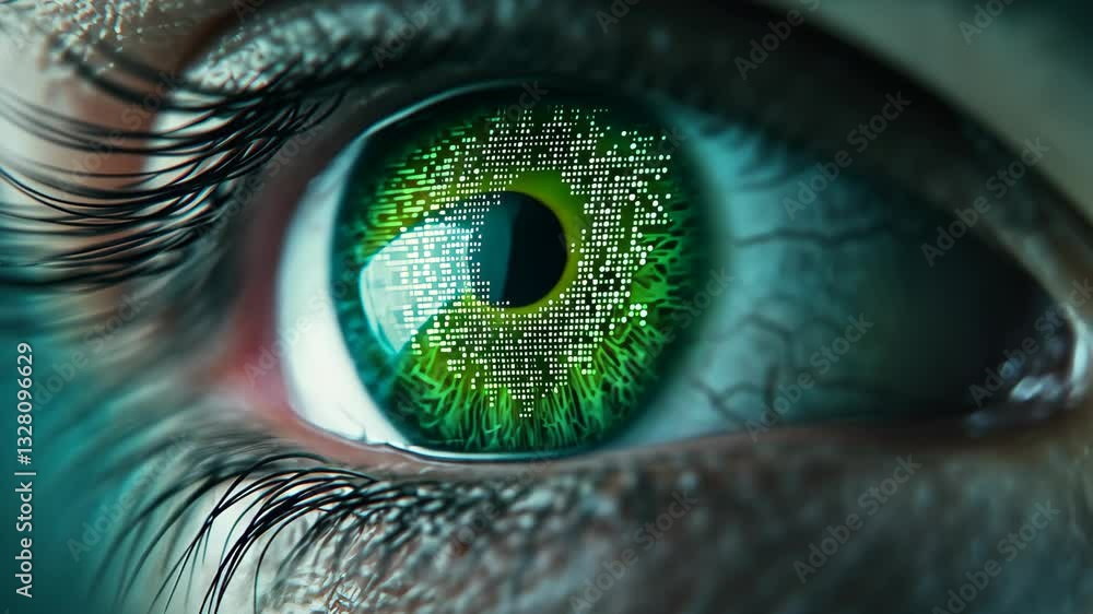 Poster 4k digital composite of human eye with binary code reflection, futuristic technology concept, close-