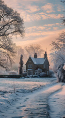 Cozy British Countryside Home Amidst Snow-kissed Landscape During Wintertime