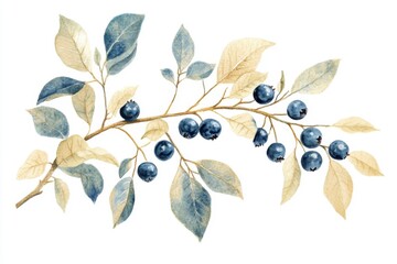 Naklejka premium Watercolor Painting of Blueberry Branch with Delicate Leaves