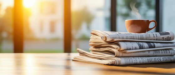 Warm cup of coffee resting on a stack of newspapers creating a cozy vibe perfect for morning routines and relaxation