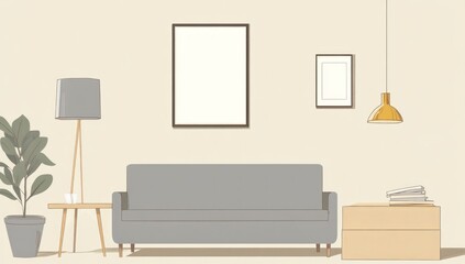 Fototapeta premium Minimalist living room interior with gray sofa, lamp, and plants.