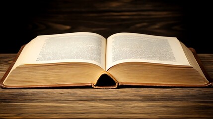 Open antique book on wooden table.