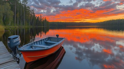 Sunset boat dock on tranquil lake