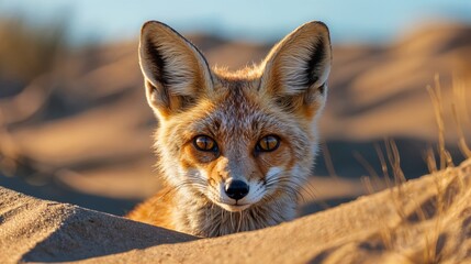 Fototapeta premium A charming fox with striking amber eyes emerges from the warm desert sand, curiously observing its surroundings as the sun sets, casting a golden glow across the landscape.