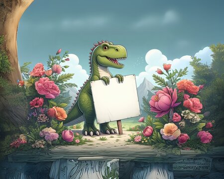 dinasaur with a blank sign