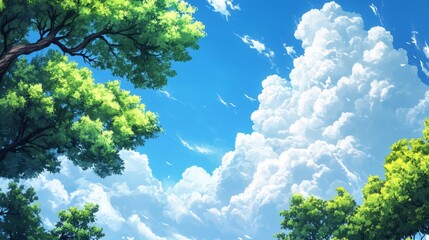 Fototapeta premium Bright Sunny Day with Lush Green Trees and Fluffy White Clouds
