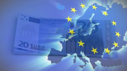 Overlaying animation of euro banknotes and EU flag stars on European Union map - Powered by Adobe