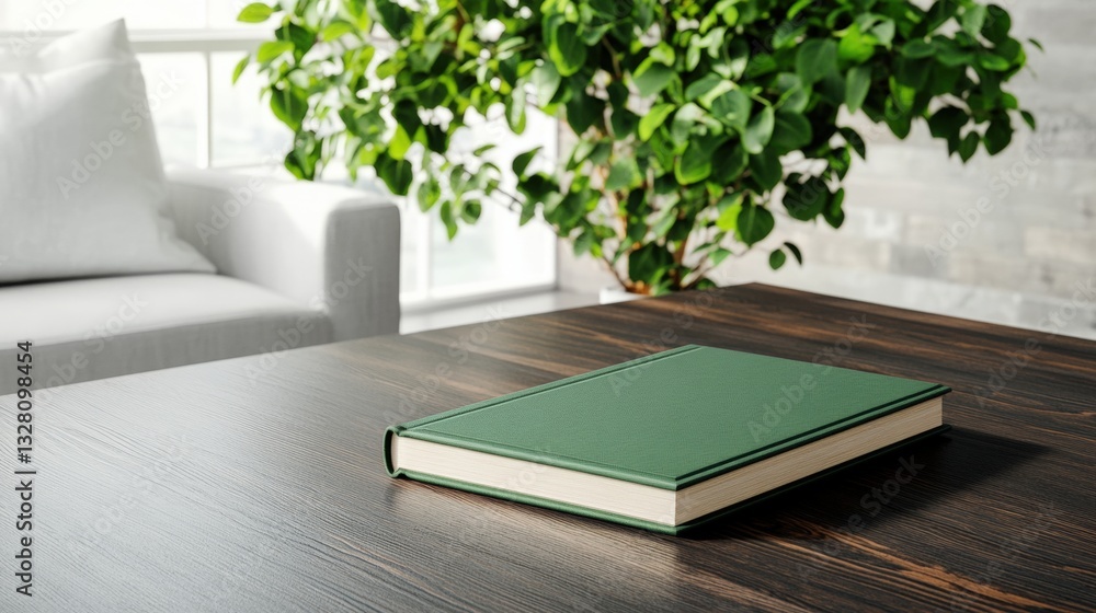 Poster a cozy reading nook featuring a book resting on a rustic table surrounded by natural light and invit