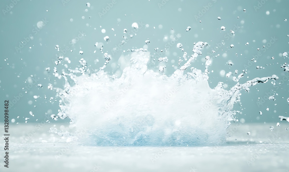 Poster splashing water creates a dynamic, energetic visual against a soft blue backdrop.