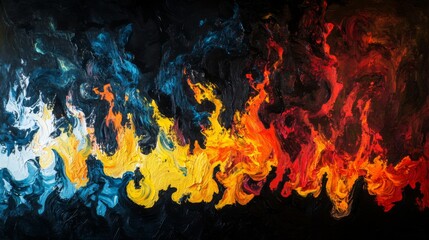 Fototapeta premium Abstract Fire Painting: Blue, Red, and Yellow Flames on Dark Background