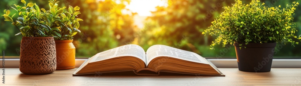 Poster an open book resting on a sunlit windowsill accompanied by a small plant creating a cozy reading spa