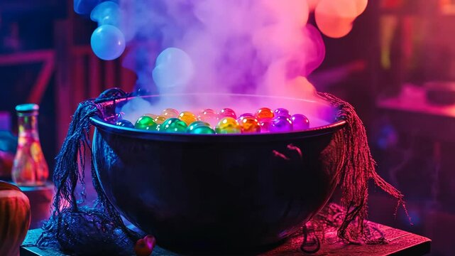 Colorful magic potion simmering in a cauldron surrounded by misty atmosphere during a festive setting
