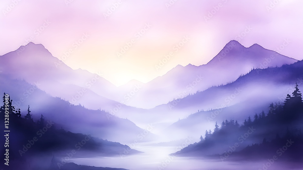 Poster Misty mountains at dawn with a serene river flowing through the valleys, creating a tranquil atmosphere.