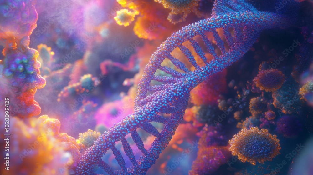 Poster colorful 3d render of dna helix in vibrant abstract background