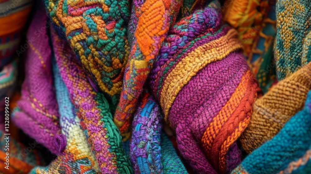 Poster close-up of colorful textiles and fabrics in intricate patterns stacked together