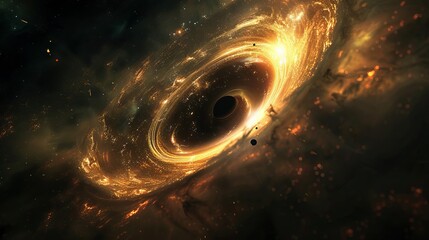 A mesmerizing view of a black hole surrounded by a swirling accretion disk, glowing with intense cosmic energy and stardust.