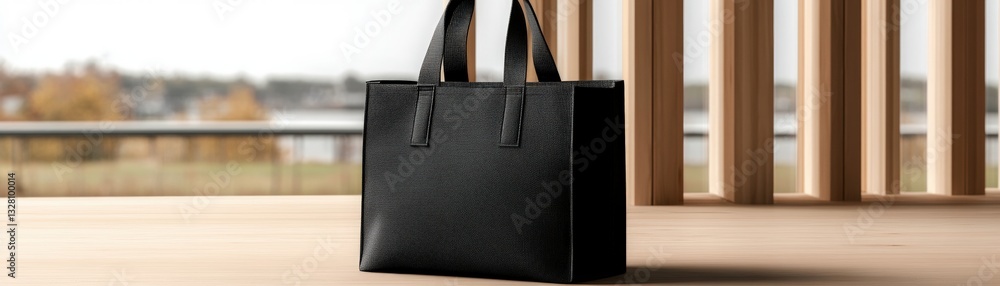 Poster sleek black bag resting on a table surrounded by a clean and modern studio environment
