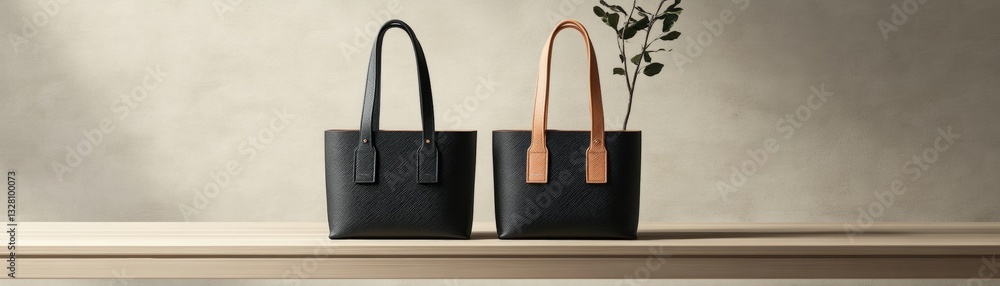 Poster stylish display of two black leather bags on a table with a modern and minimalistic studio backgroun
