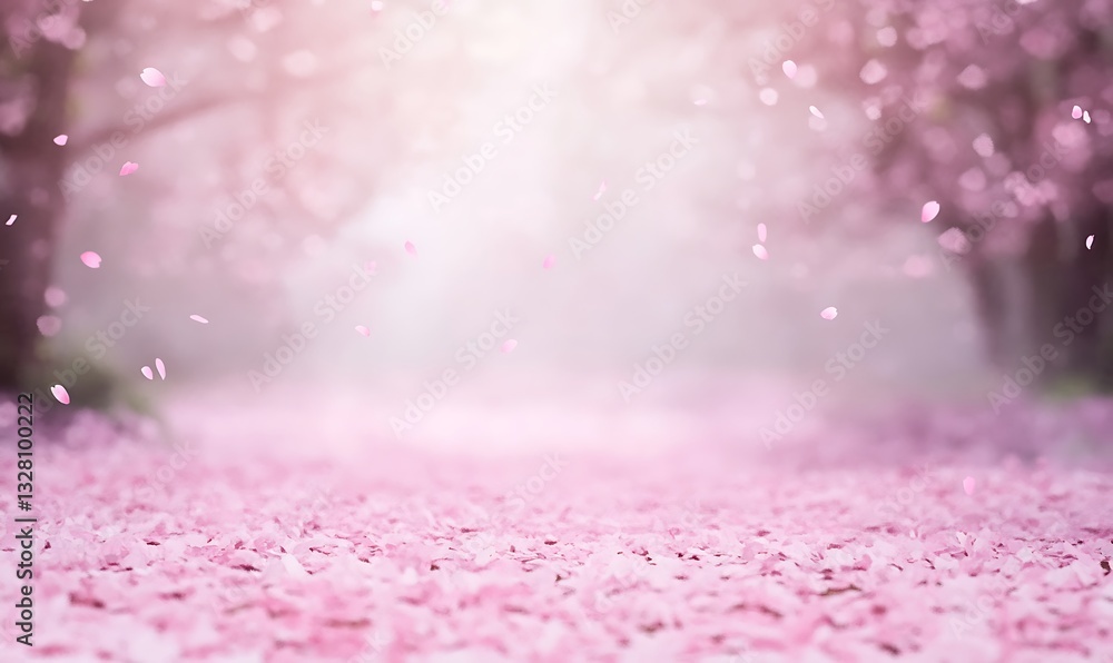 Aufkleber blossoming cherry trees with pink petals lining a serene path in soft light.