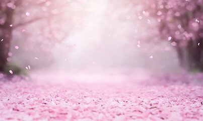 Blossoming cherry trees with pink petals lining a serene path in soft light.