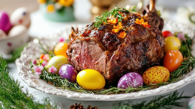 Elegant Easter dinner table with roasted lamb, colorful eggs, and spring flowers as a centerpiece.
