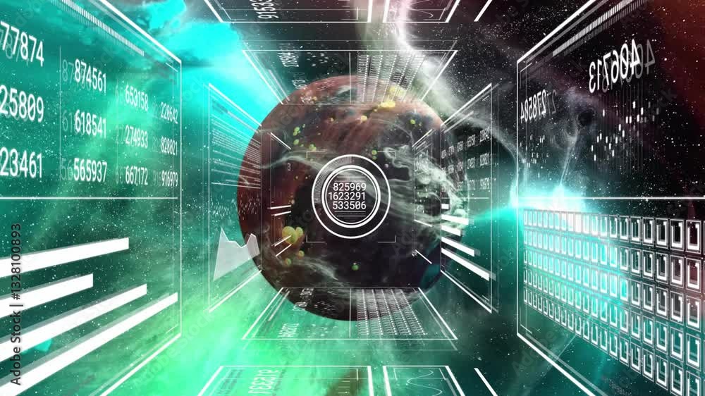 Poster rotating planet with data streams and futuristic animation in digital interface