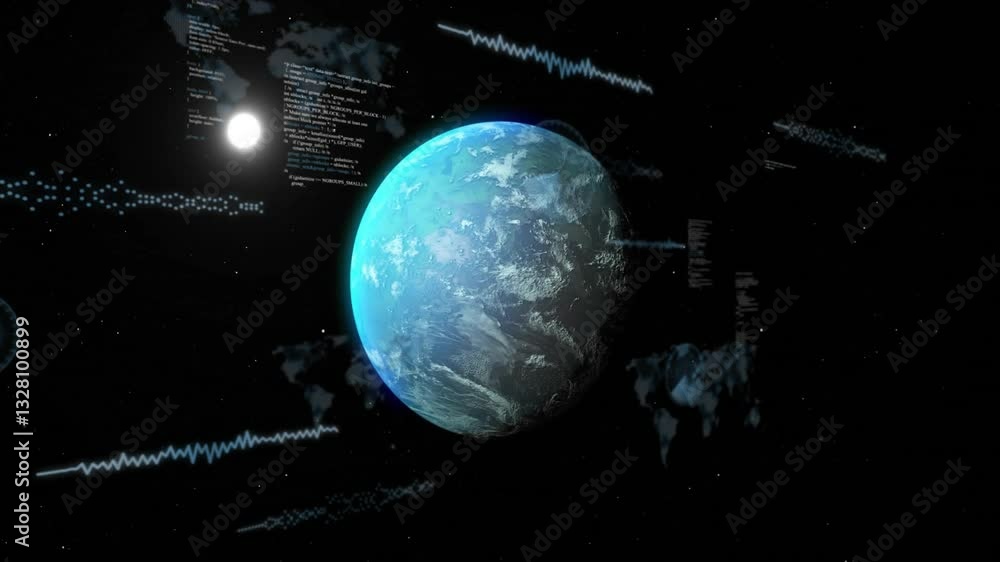 Poster animation of earth rotating in space with digital data and graphs surrounding