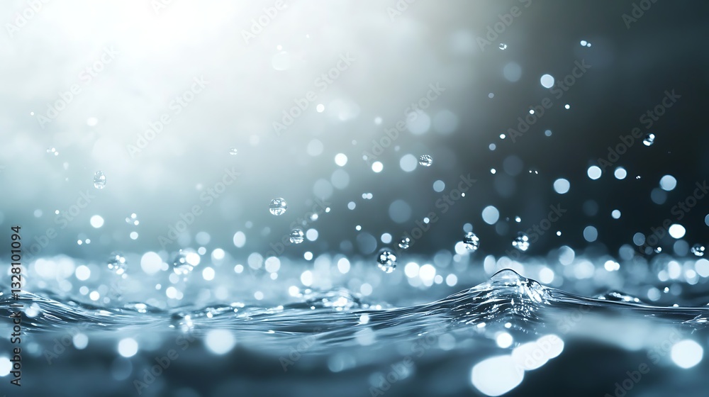 Poster Dramatic close-up of water droplets on a surface with soft light reflections.