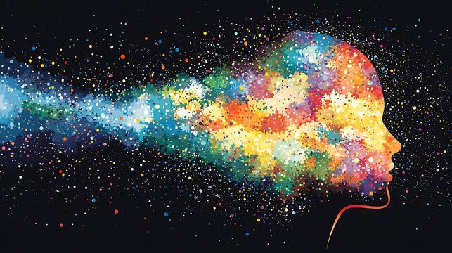 Head exploding into colorful thoughts symbolizing creativity and mental clarity