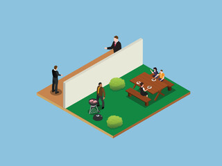 Backyard Barbecue and Social Gathering with Divided Space 3d flat vector illustrations