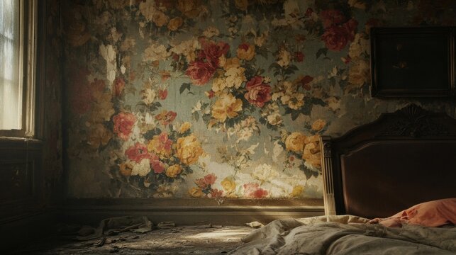 Abandoned Room with Floral Wallpaper and Damaged Furniture