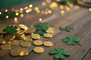  Happy St Patricks Day leprechaun hat with gold chocolate coins on vintage style green wood background, with retro vintage style filters