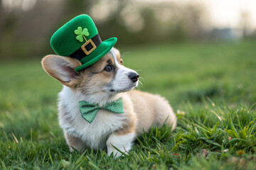 portrait of a funny corgi dog puppy in a green leprechaun hat in honor of St. Patrick