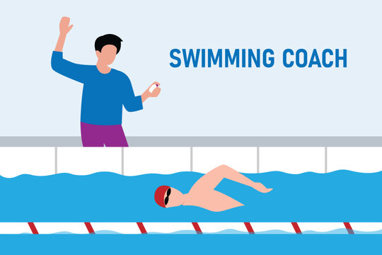 Swimming Coach Training Athlete in Pool – Professional Swim Training 2d flat vector illustrations