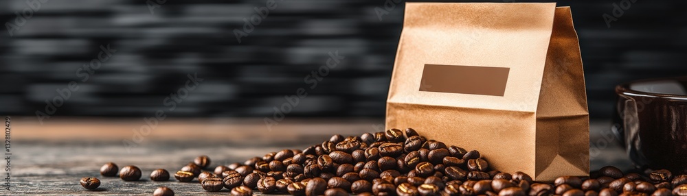 Poster artistic display of coffee beans next to a brown paper bag creating a rustic and inviting coffee sce