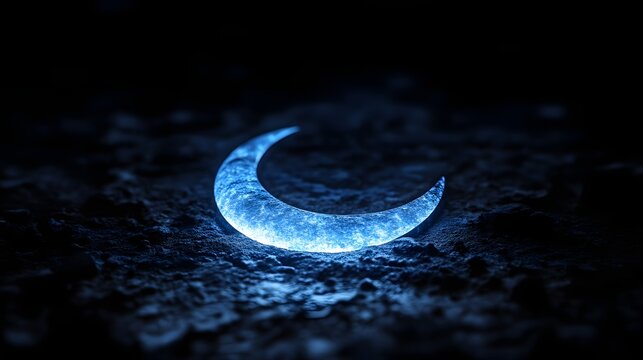 Glowing crescent moon on dark terrain